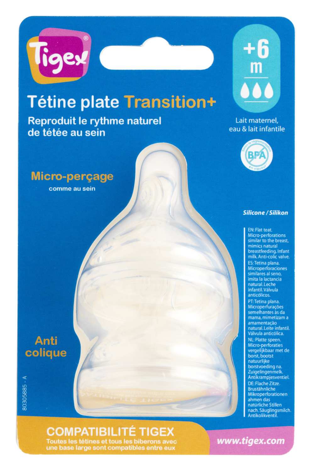 Tigex - Tétines plates silicone base large transition+, +6m lait